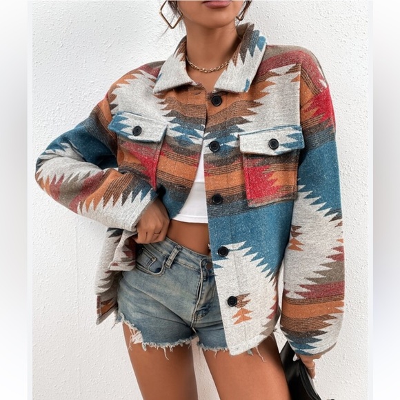 SHEIN Jackets & Blazers - NWOT SHEIN Geo Print Women's Multicolor Patterned Jacket Coat Shacket Medium
